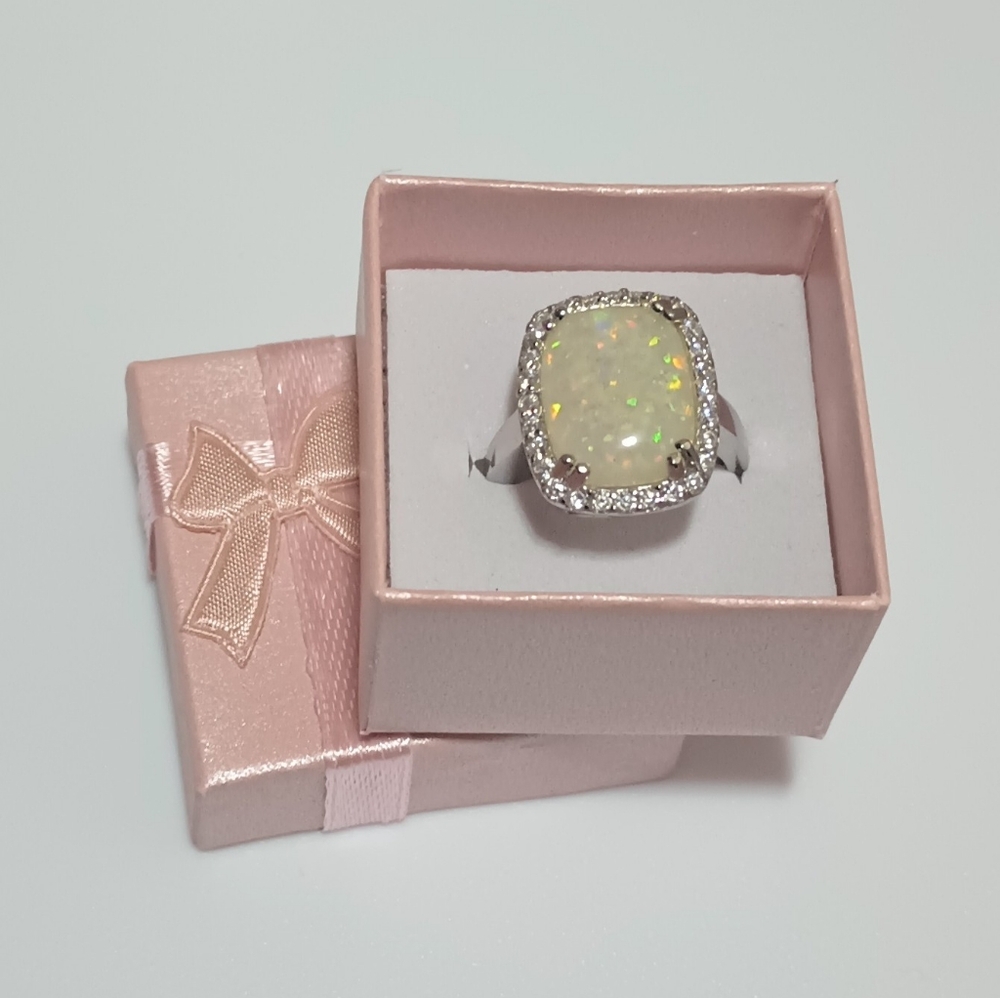 Minimalist Silver Opal Gemstone Women's Wedding Rings, Sz 7